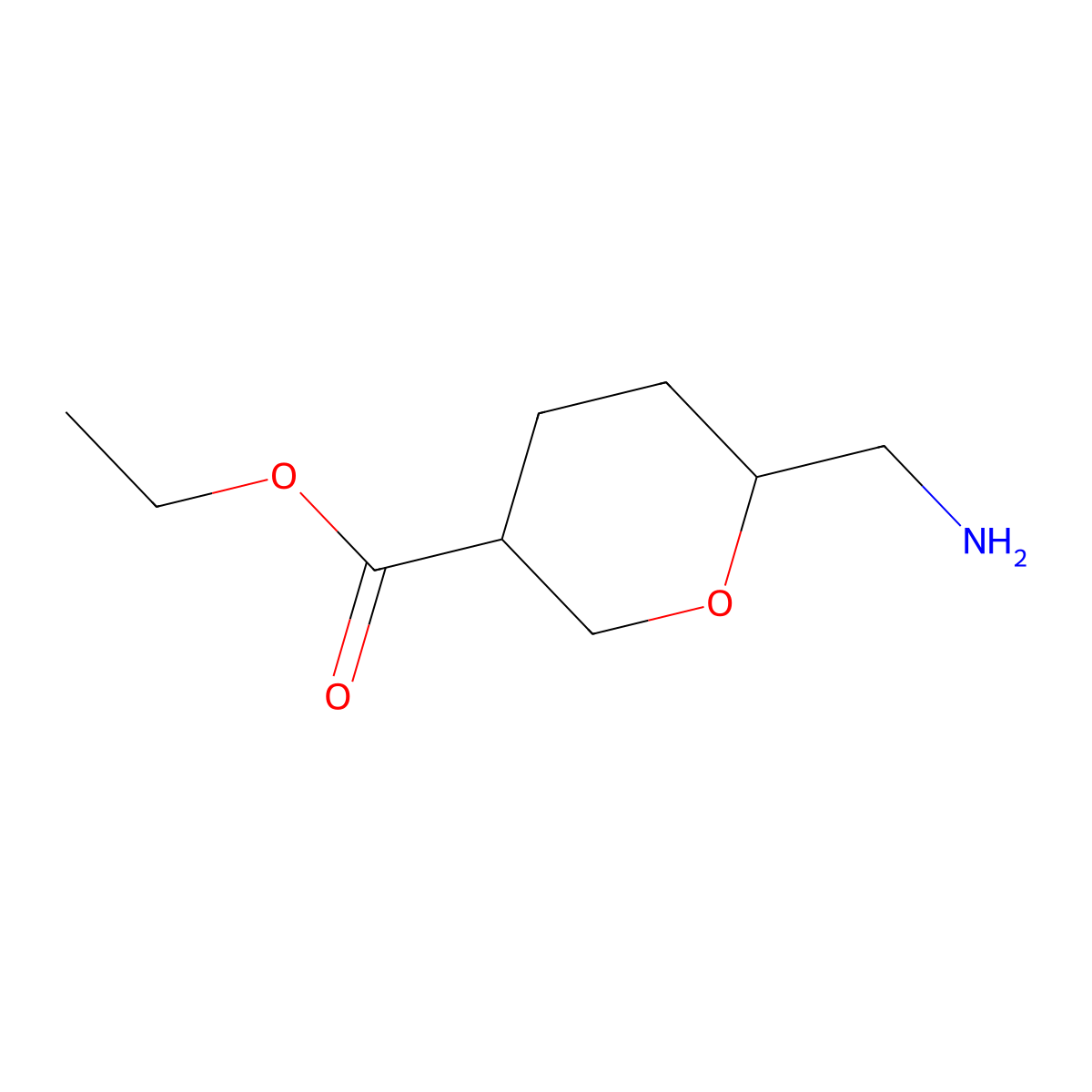 Ethyl 6-(aminomethyl)oxane-3-carboxylate molecular structure, CAS 2580214-58-8