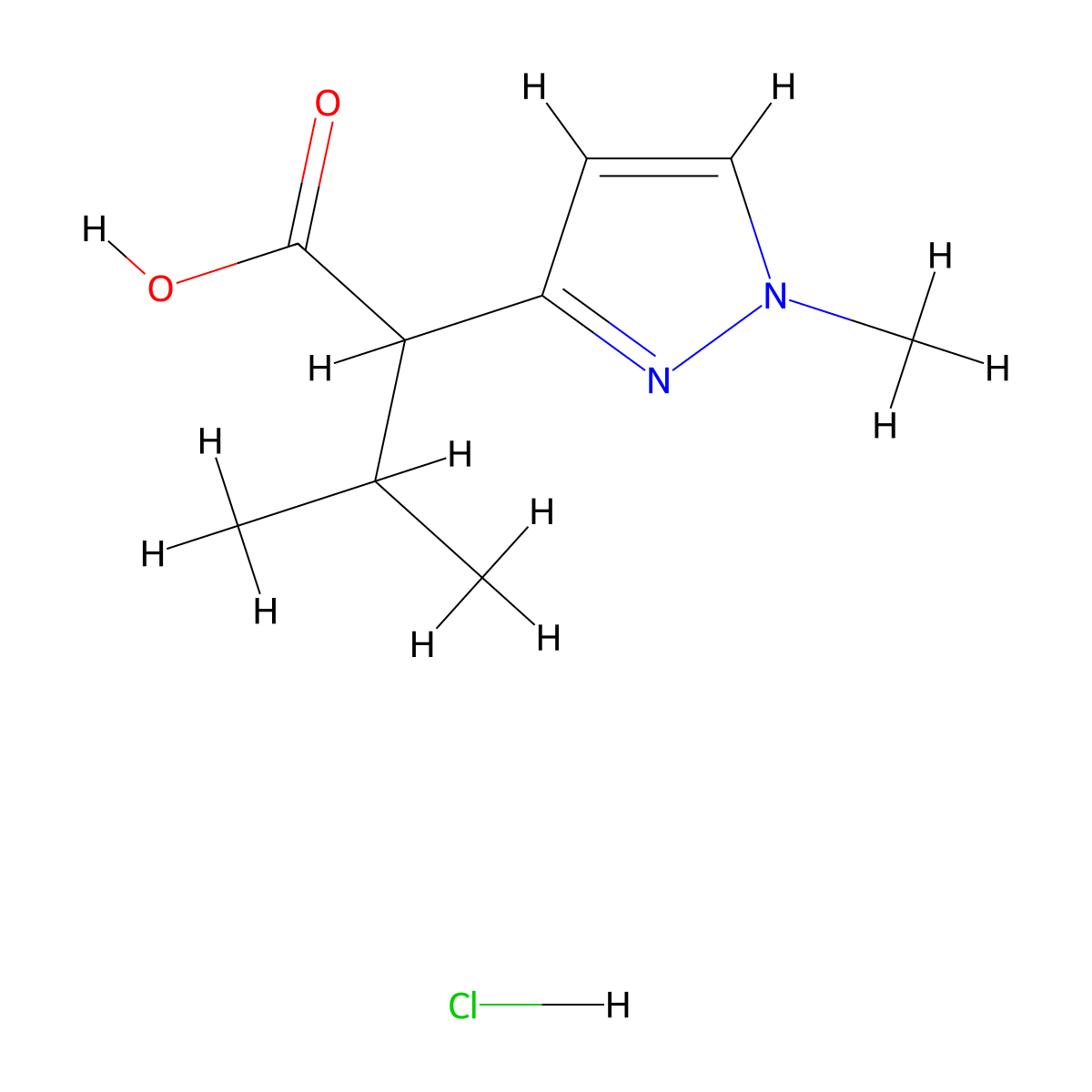 3-methyl-2-(1-methyl-1H-pyrazol-3-yl)butanoic acid hydrochloride molecular structure, CAS 2580214-73-7
