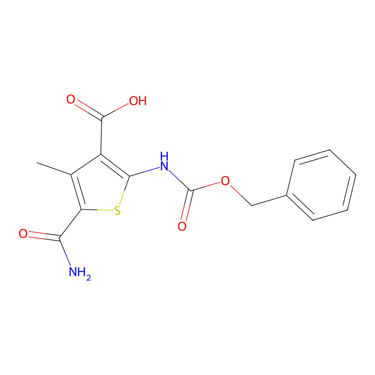 2-{[(Benzyloxy)carbonyl]amino}-5-carbamoyl-4-methylthiophene-3-carboxylic acid molecular structure, CAS 2580215-95-6