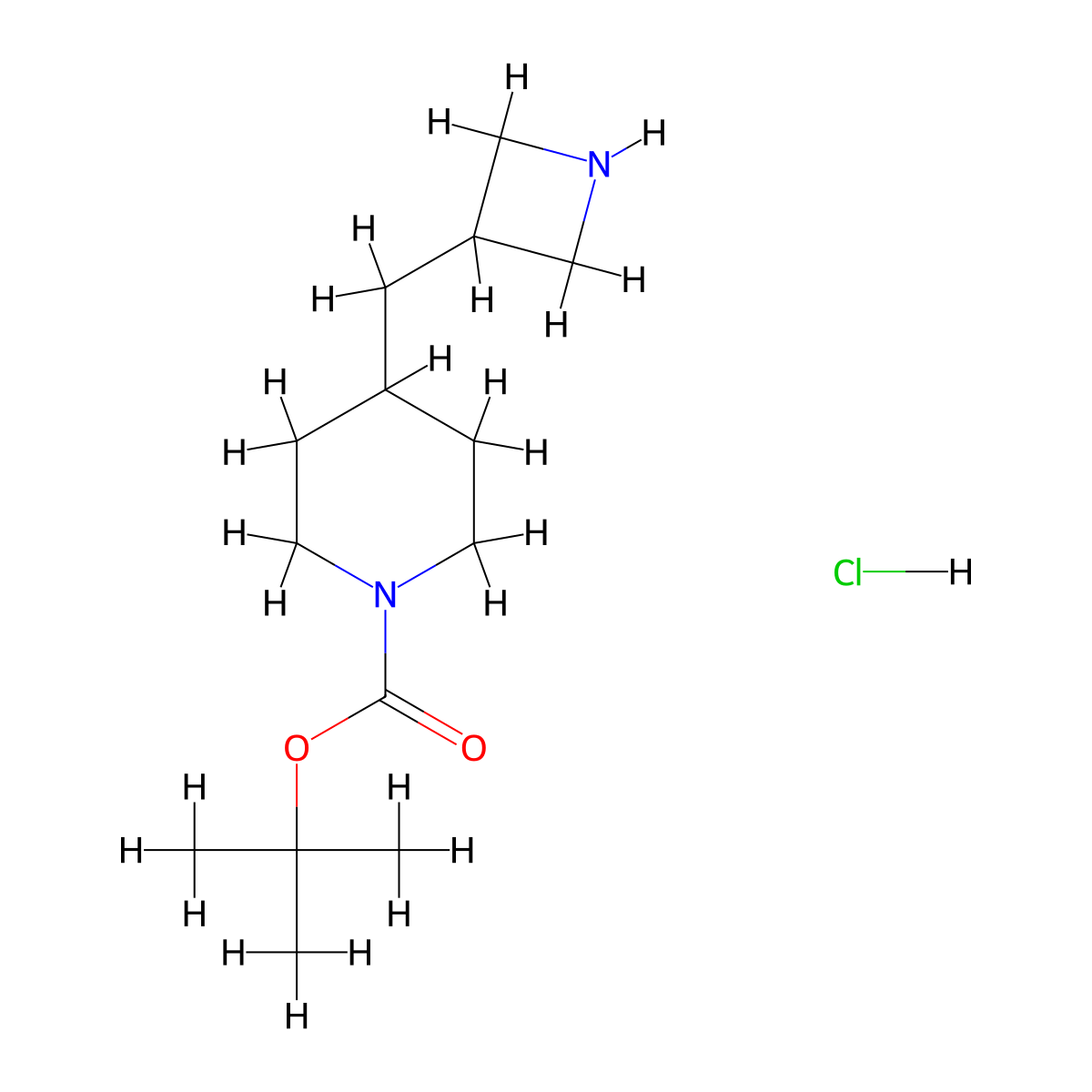 Tert-butyl 4-[(azetidin-3-yl)methyl]piperidine-1-carboxylate hydrochloride molecular structure, CAS 2580216-69-7