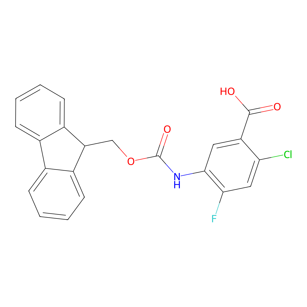 2-chloro-5-({[(9H-fluoren-9-yl)methoxy]carbonyl}amino)-4-fluorobenzoic acid molecular structure, CAS 2580218-10-4
