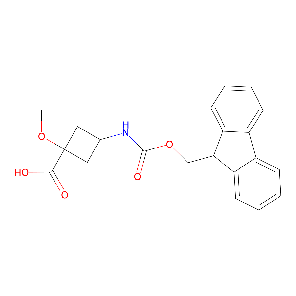 3-({[(9H-fluoren-9-yl)methoxy]carbonyl}amino)-1-methoxycyclobutane-1-carboxylic acid molecular structure, CAS 2580218-43-3