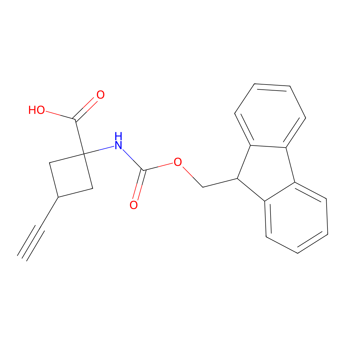 3-ethynyl-1-({[(9H-fluoren-9-yl)methoxy]carbonyl}amino)cyclobutane-1-carboxylic acid molecular structure, CAS 2580218-74-0