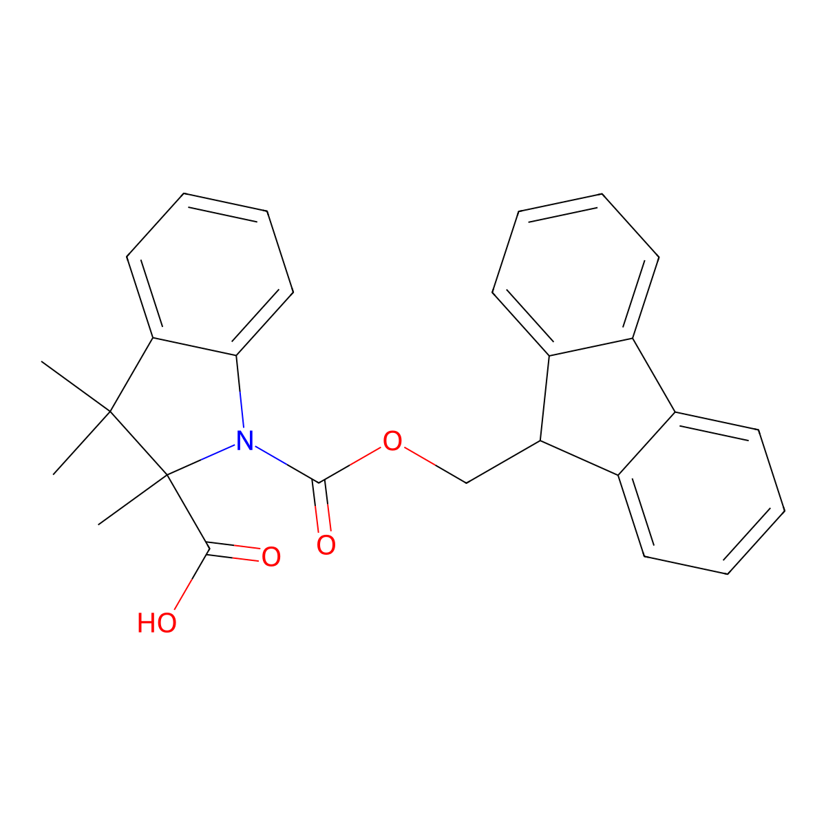 1-{[(9H-fluoren-9-yl)methoxy]carbonyl}-2,3,3-trimethyl-2,3-dihydro-1H-indole-2-carboxylic acid molecular structure, CAS 2580219-53-8