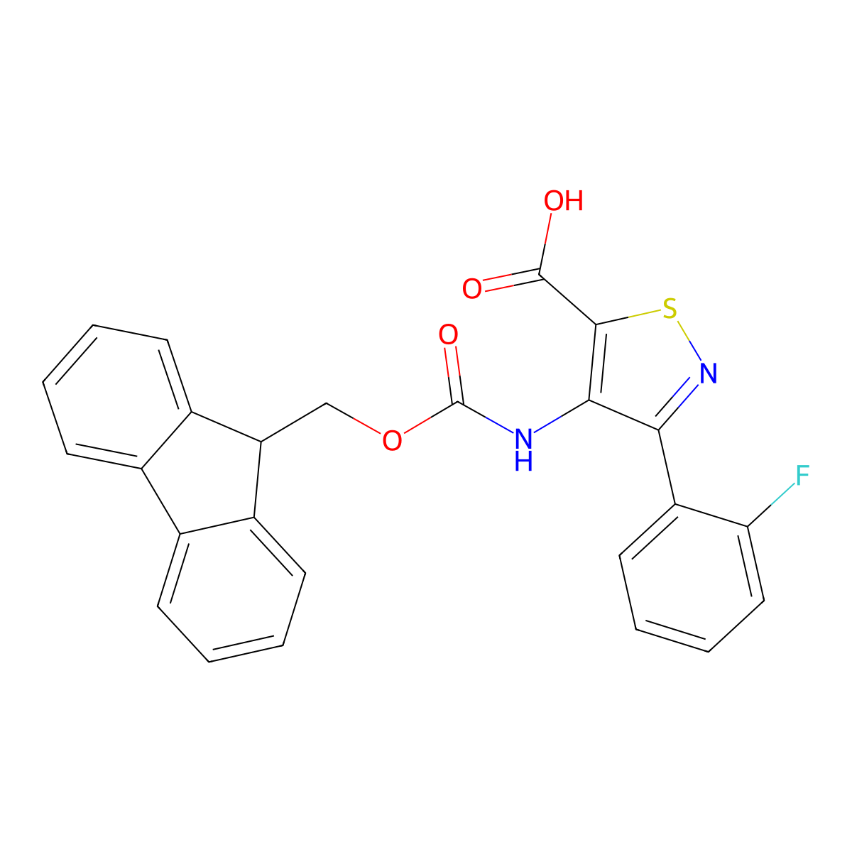 4-({[(9H-fluoren-9-yl)methoxy]carbonyl}amino)-3-(2-fluorophenyl)-1,2-thiazole-5-carboxylic acid molecular structure, CAS 2580219-74-3