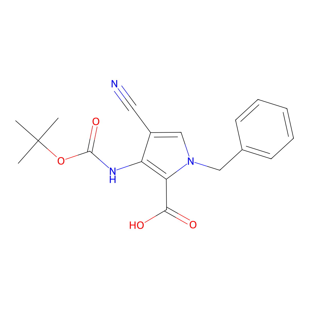 1-benzyl-3-{[(tert-butoxy)carbonyl]amino}-4-cyano-1H-pyrrole-2-carboxylic acid molecular structure, CAS 2580221-92-5