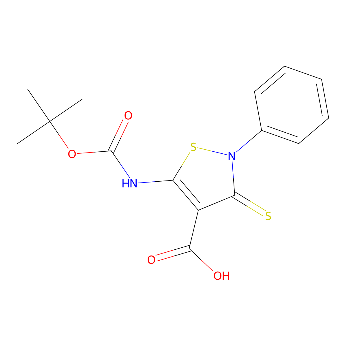 5-{[(Tert-butoxy)carbonyl]amino}-2-phenyl-3-sulfanylidene-2,3-dihydro-1,2-thiazole-4-carboxylic acid molecular structure, CAS 2580222-09-7