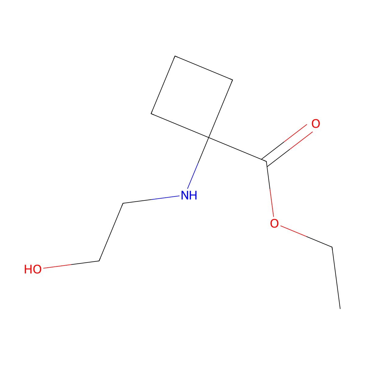 Ethyl 1-[(2-hydroxyethyl)amino]cyclobutane-1-carboxylate molecular structure, CAS 2580222-51-9