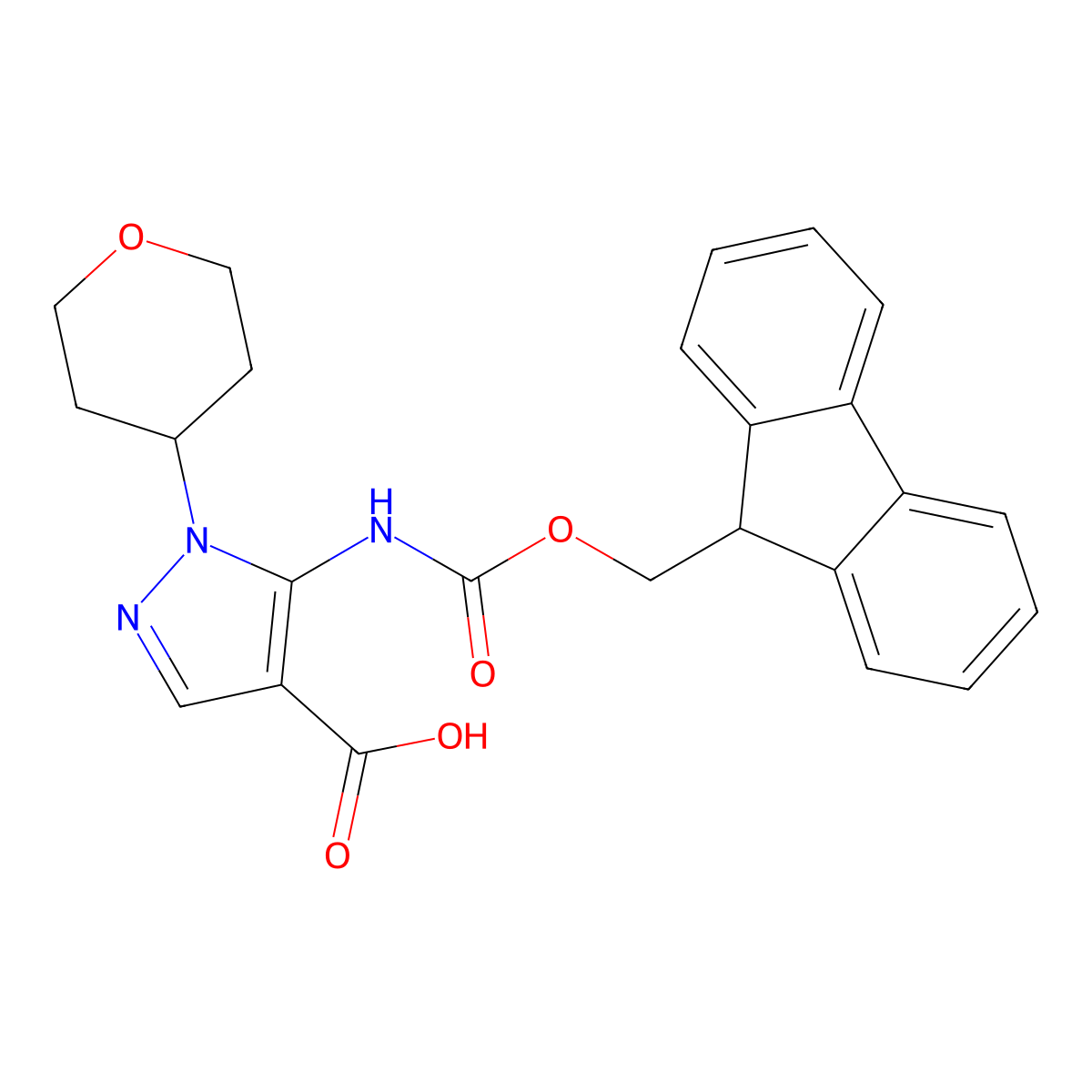 5-({[(9H-fluoren-9-yl)methoxy]carbonyl}amino)-1-(oxan-4-yl)-1H-pyrazole-4-carboxylic acid molecular structure, CAS 2580222-59-7