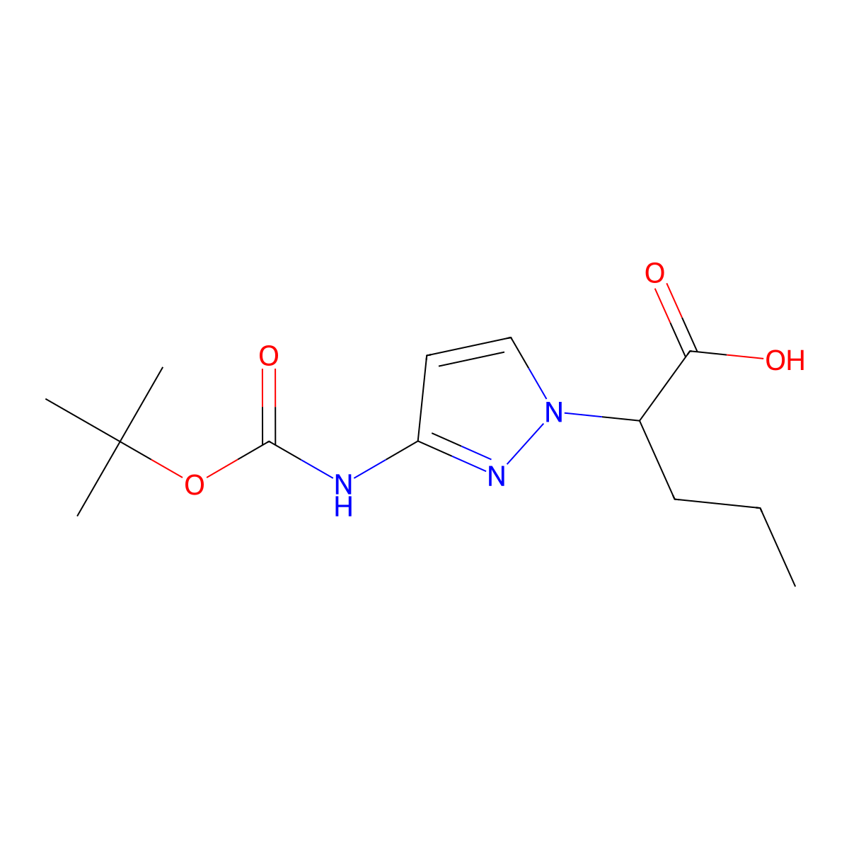 2-(3-{[(tert-butoxy)carbonyl]amino}-1H-pyrazol-1-yl)pentanoic acid molecular structure, CAS 2580222-71-3