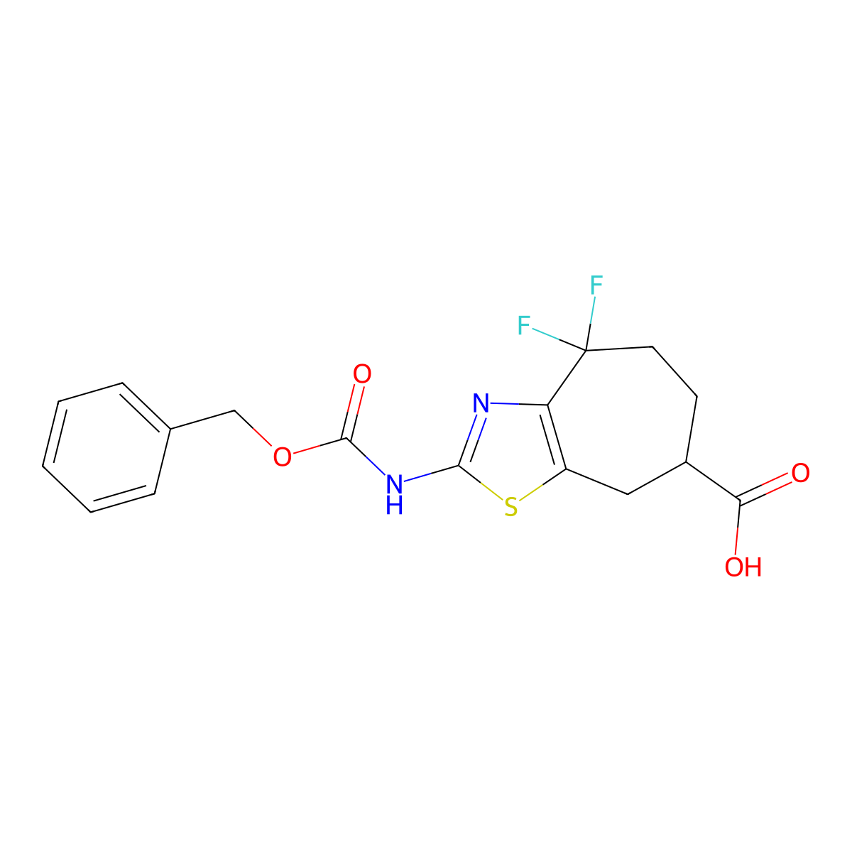 2-{[(benzyloxy)carbonyl]amino}-4,4-difluoro-4H,5H,6H,7H,8H-cyclohepta[d][1,3]thiazole-7-carboxylic acid molecular structure, CAS 2580222-91-7