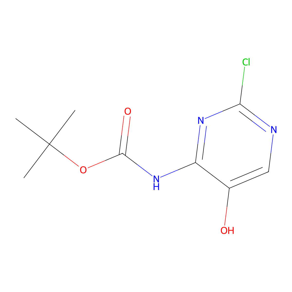 tert-butyl N-(2-chloro-5-hydroxypyrimidin-4-yl)carbamate molecular structure, CAS 2580224-18-4