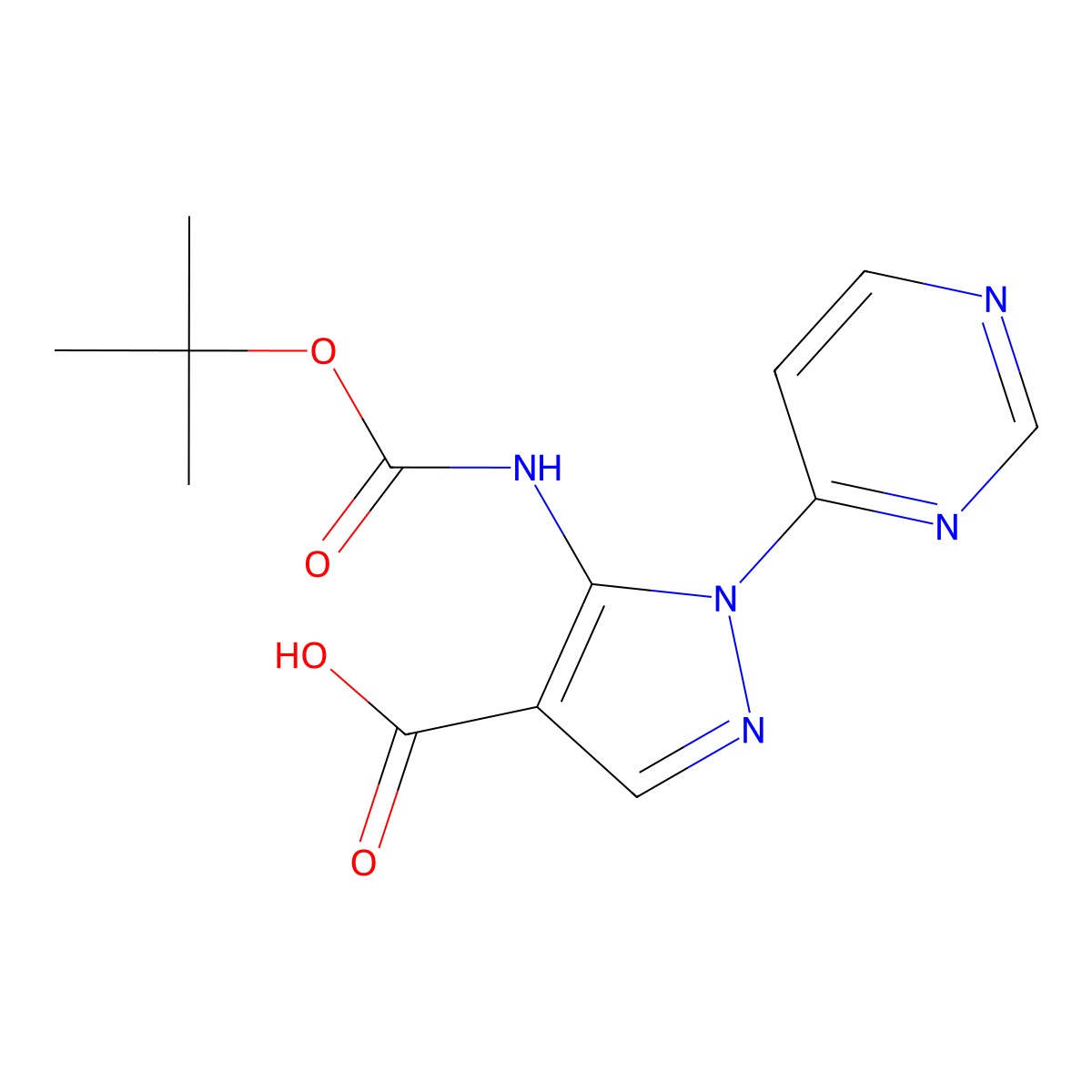 5-{[(tert-butoxy)carbonyl]amino}-1-(pyrimidin-4-yl)-1H-pyrazole-4-carboxylic acid molecular structure, CAS 2580225-87-0