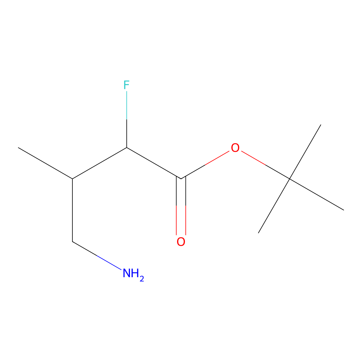 Tert-butyl 4-amino-2-fluoro-3-methylbutanoate molecular structure, CAS 2580226-31-7