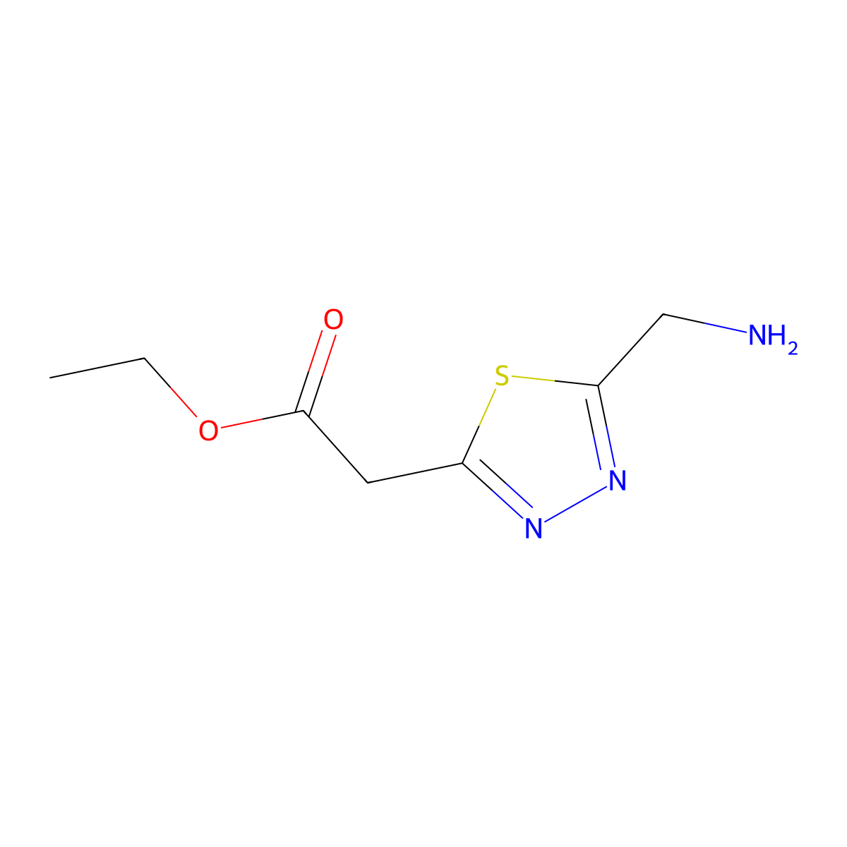 Ethyl 2-[5-(aminomethyl)-1,3,4-thiadiazol-2-yl]acetate molecular structure, CAS 2580226-77-1