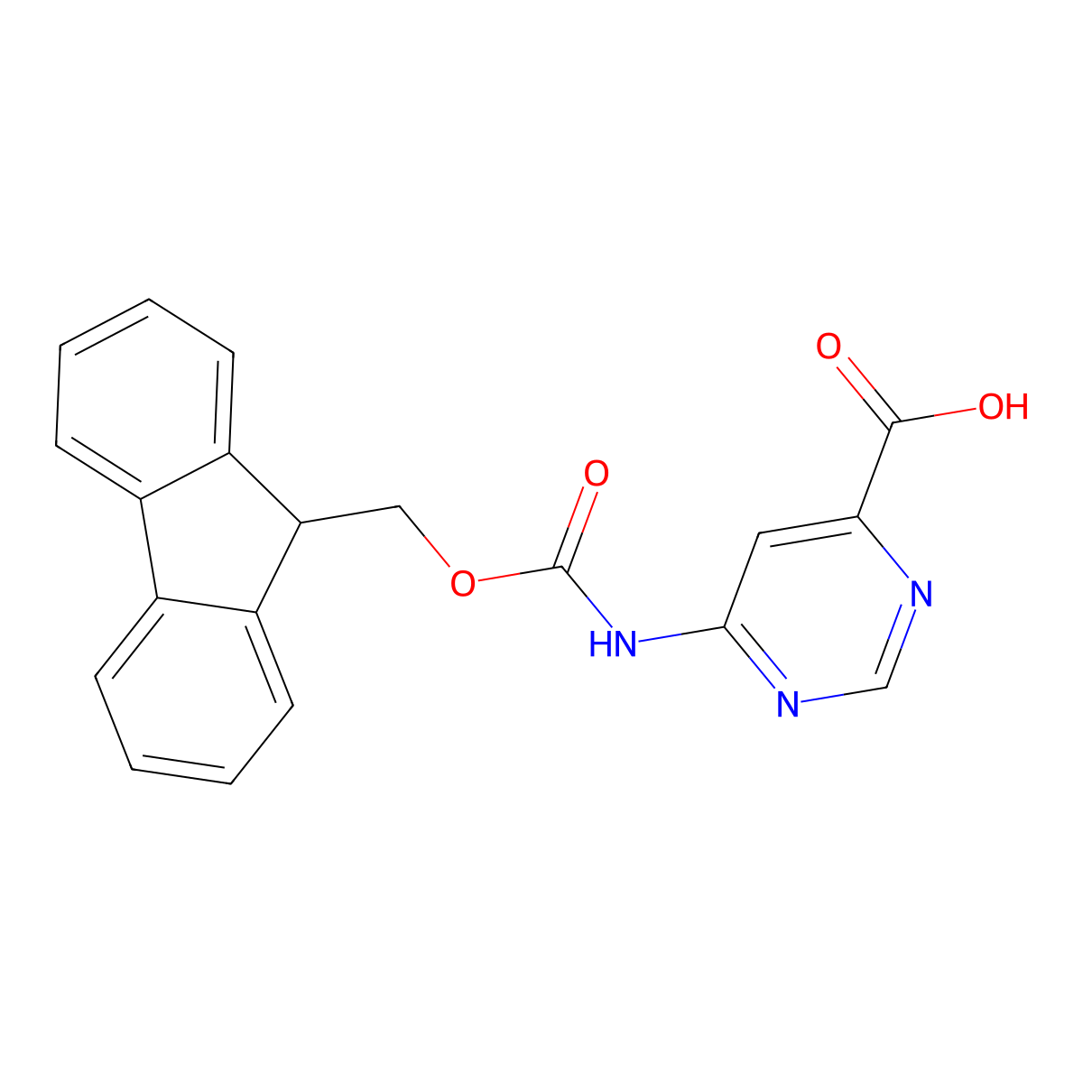 6-({[(9H-fluoren-9-yl)methoxy]carbonyl}amino)pyrimidine-4-carboxylic acid molecular structure, CAS 2580228-45-9