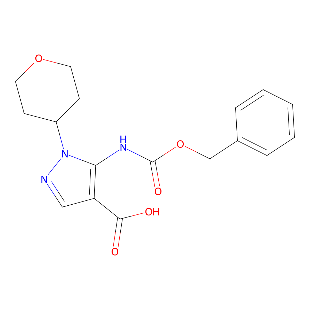 5-{[(benzyloxy)carbonyl]amino}-1-(oxan-4-yl)-1H-pyrazole-4-carboxylic acid molecular structure, CAS 2580228-71-1