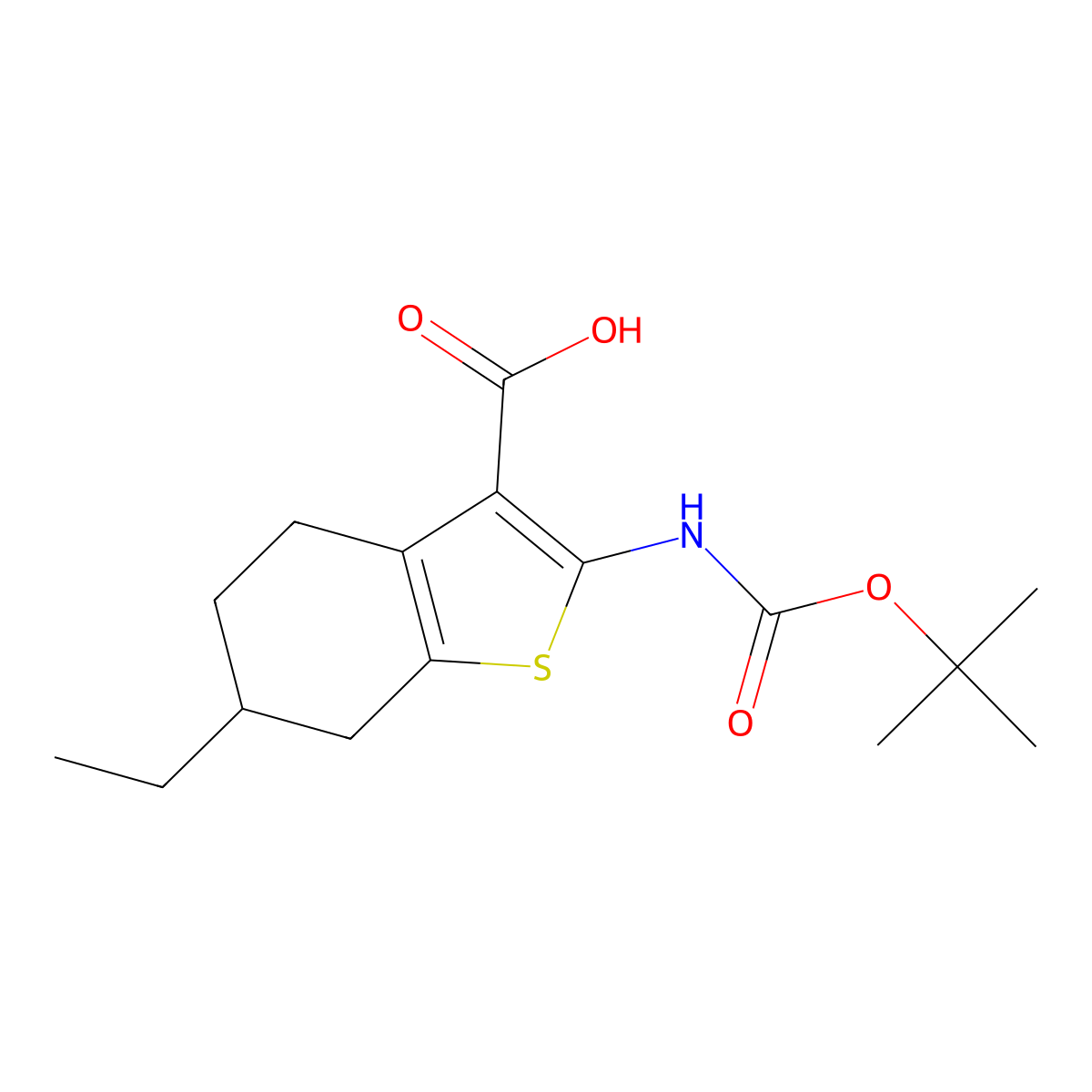 2-{[(Tert-butoxy)carbonyl]amino}-6-ethyl-4,5,6,7-tetrahydro-1-benzothiophene-3-carboxylic acid molecular structure, CAS 2580232-05-7