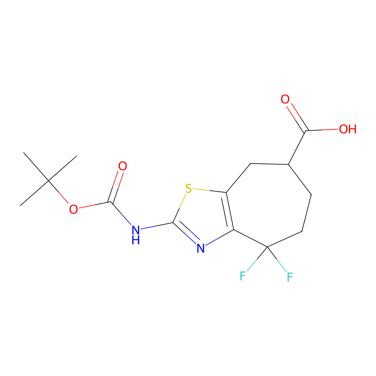 2-{[(tert-butoxy)carbonyl]amino}-4,4-difluoro-4H,5H,6H,7H,8H-cyclohepta[d][1,3]thiazole-7-carboxylic acid molecular structure, CAS 2580233-14-1