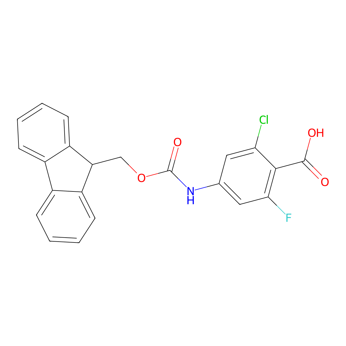 2-chloro-4-({[(9H-fluoren-9-yl)methoxy]carbonyl}amino)-6-fluorobenzoic acid molecular structure, CAS 2580235-25-0