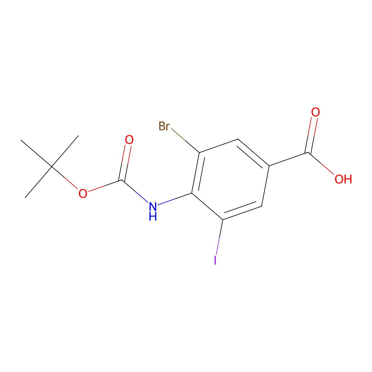 3-Bromo-4-{[(tert-butoxy)carbonyl]amino}-5-iodobenzoic acid molecular structure, CAS 2580236-63-9