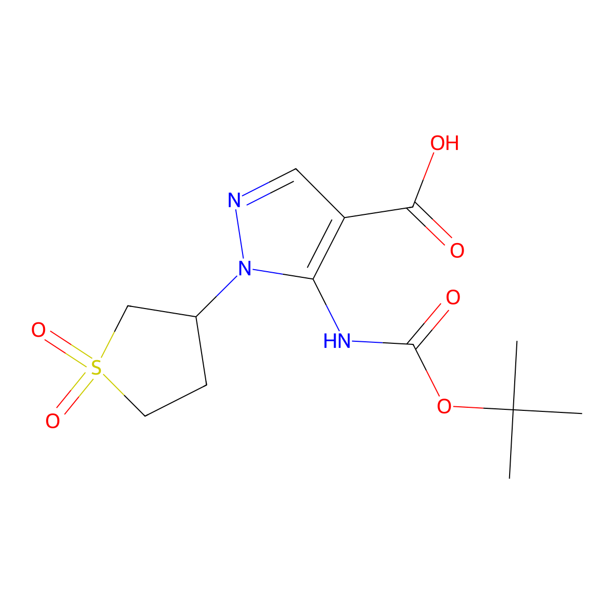 5-{[(tert-butoxy)carbonyl]amino}-1-(1,1-dioxo-1lambda6-thiolan-3-yl)-1H-pyrazole-4-carboxylic acid molecular structure, CAS 2580237-42-7