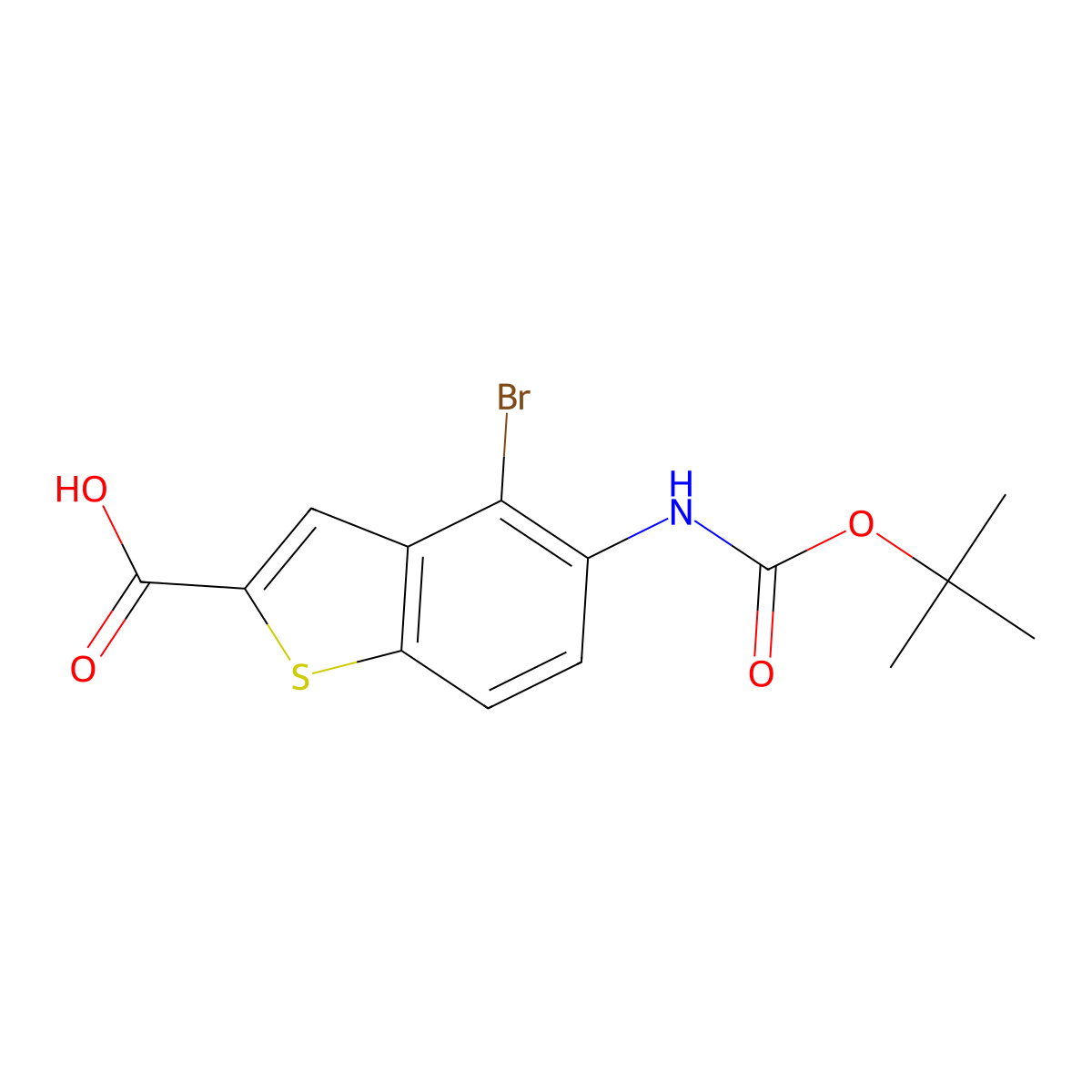 4-Bromo-5-{[(tert-butoxy)carbonyl]amino}-1-benzothiophene-2-carboxylic acid molecular structure, CAS 2580238-32-8