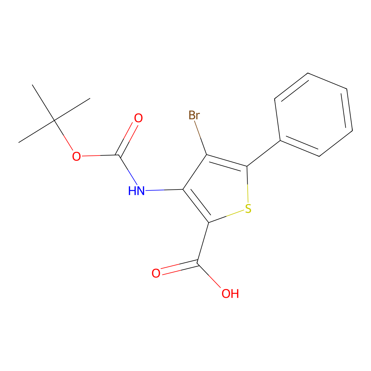 4-Bromo-3-{[(tert-butoxy)carbonyl]amino}-5-phenylthiophene-2-carboxylic acid molecular structure, CAS 2580238-35-1