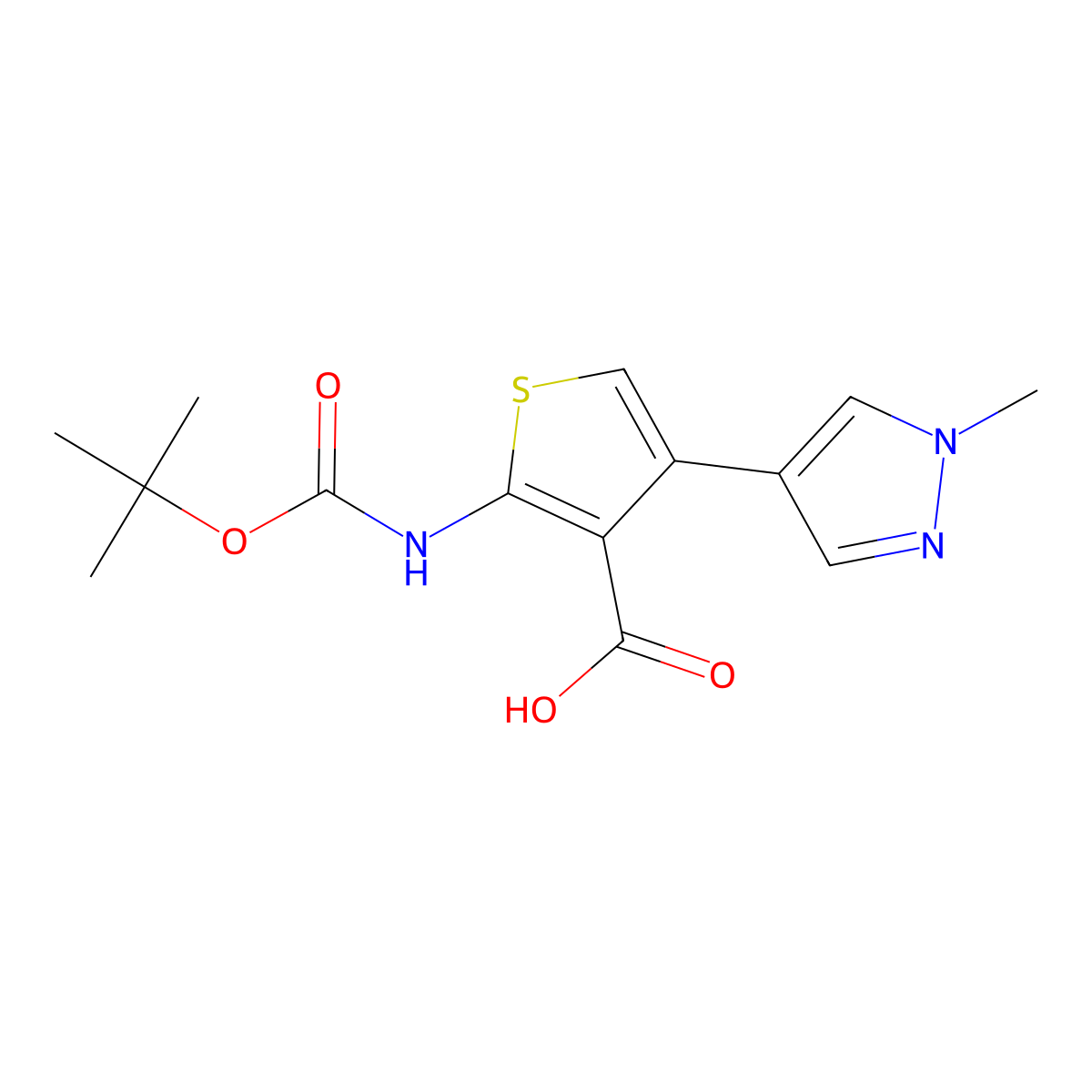 2-{[(tert-butoxy)carbonyl]amino}-4-(1-methyl-1H-pyrazol-4-yl)thiophene-3-carboxylic acid molecular structure, CAS 2580238-89-5