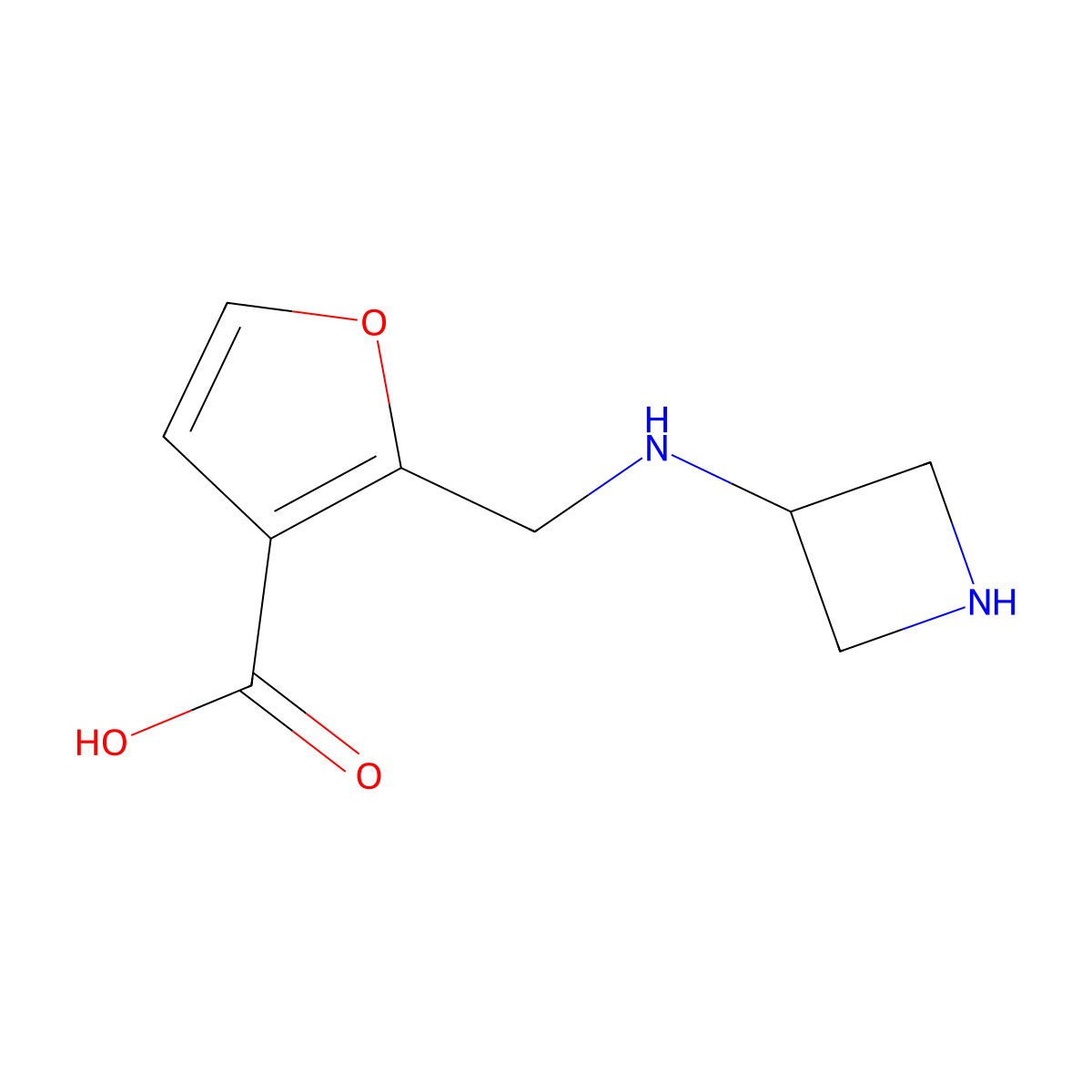 2-{[(Azetidin-3-yl)amino]methyl}furan-3-carboxylic acid molecular structure, CAS 2580239-05-8