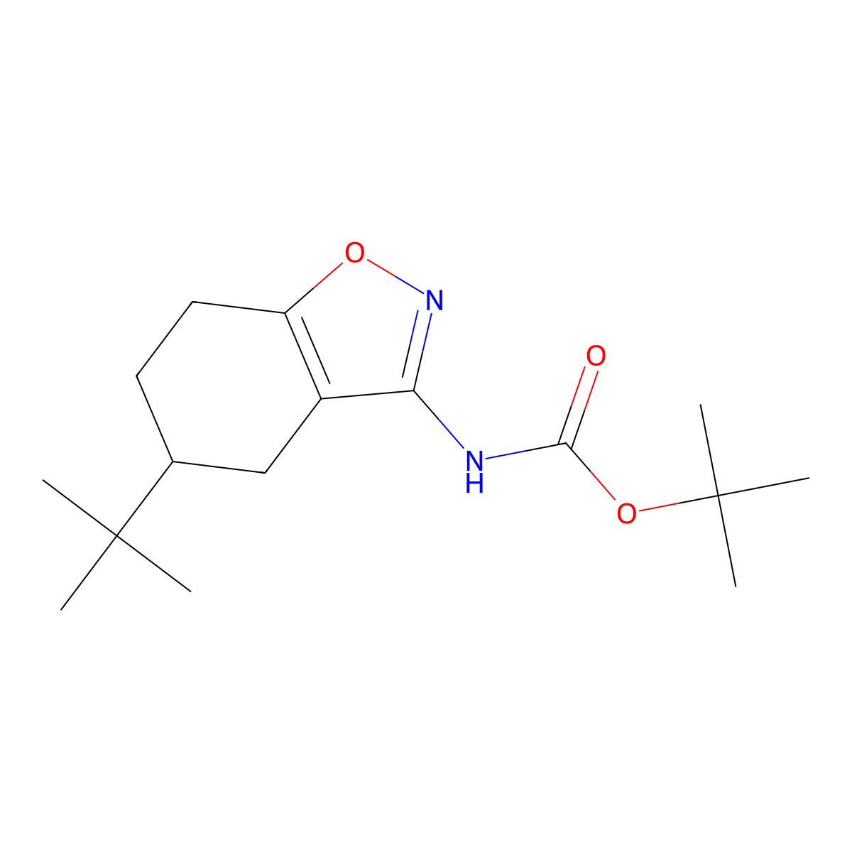 Tert-butyl N-(5-tert-butyl-4,5,6,7-tetrahydro-1,2-benzoxazol-3-yl)carbamate molecular structure, CAS 2580239-38-7