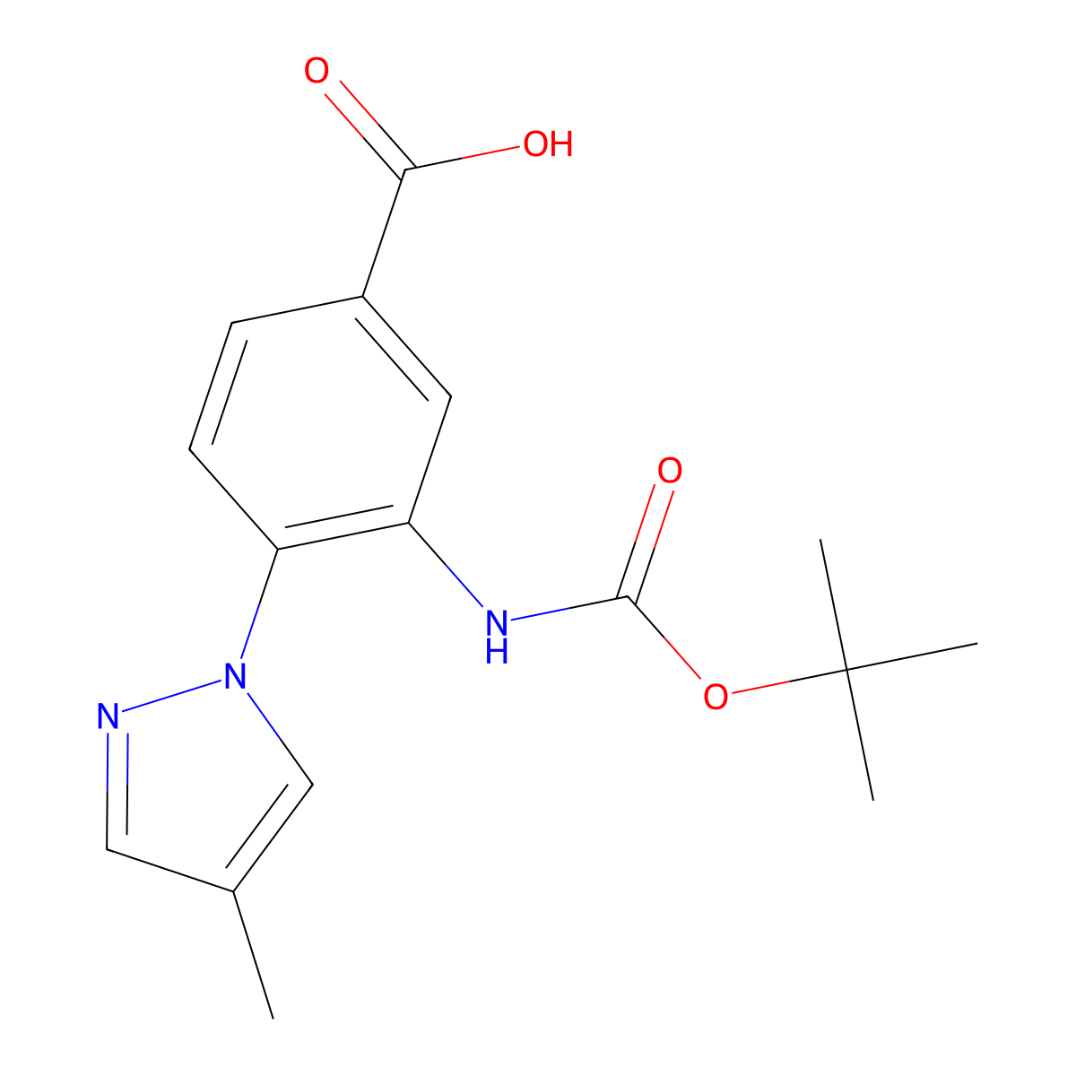 3-{[(tert-butoxy)carbonyl]amino}-4-(4-methyl-1H-pyrazol-1-yl)benzoic acid molecular structure, CAS 2580240-99-7