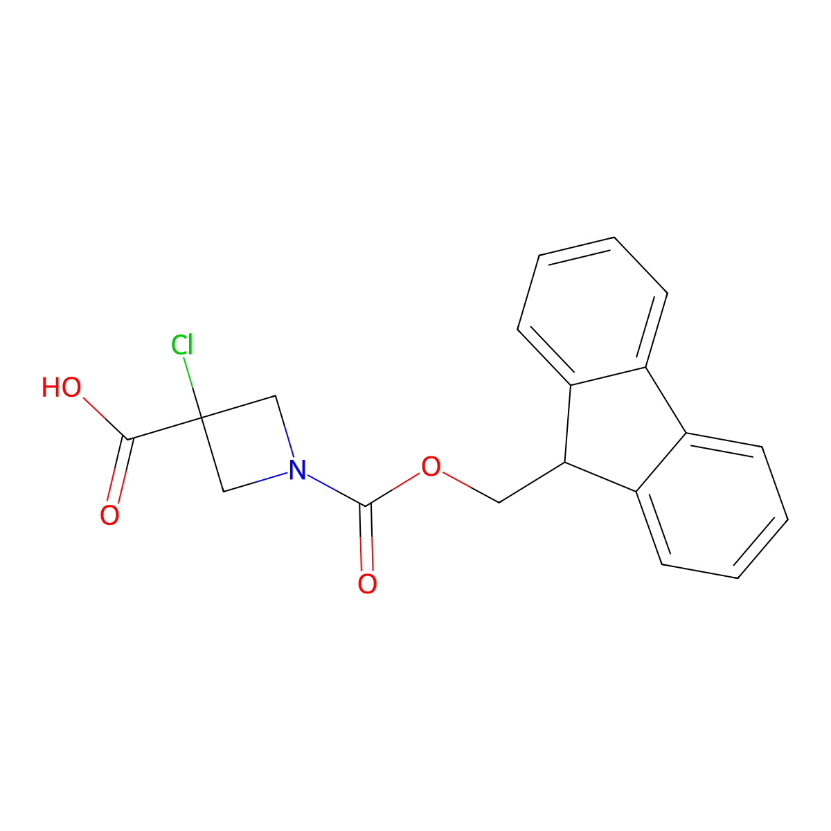 3-chloro-1-{[(9H-fluoren-9-yl)methoxy]carbonyl}azetidine-3-carboxylic acid molecular structure, CAS 2580242-04-0