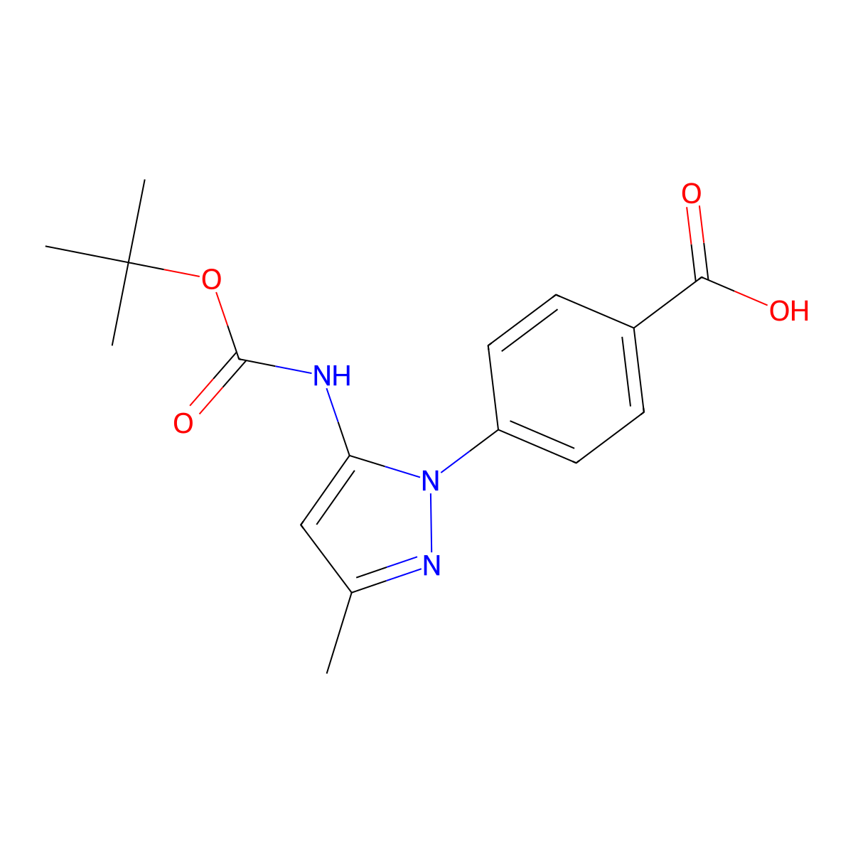 4-(5-{[(tert-butoxy)carbonyl]amino}-3-methyl-1H-pyrazol-1-yl)benzoic acid molecular structure, CAS 2580243-64-5