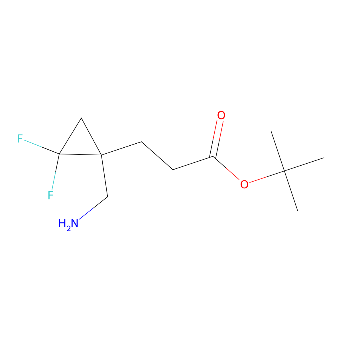 Tert-butyl 3-[1-(aminomethyl)-2,2-difluorocyclopropyl]propanoate molecular structure, CAS 2580249-29-0