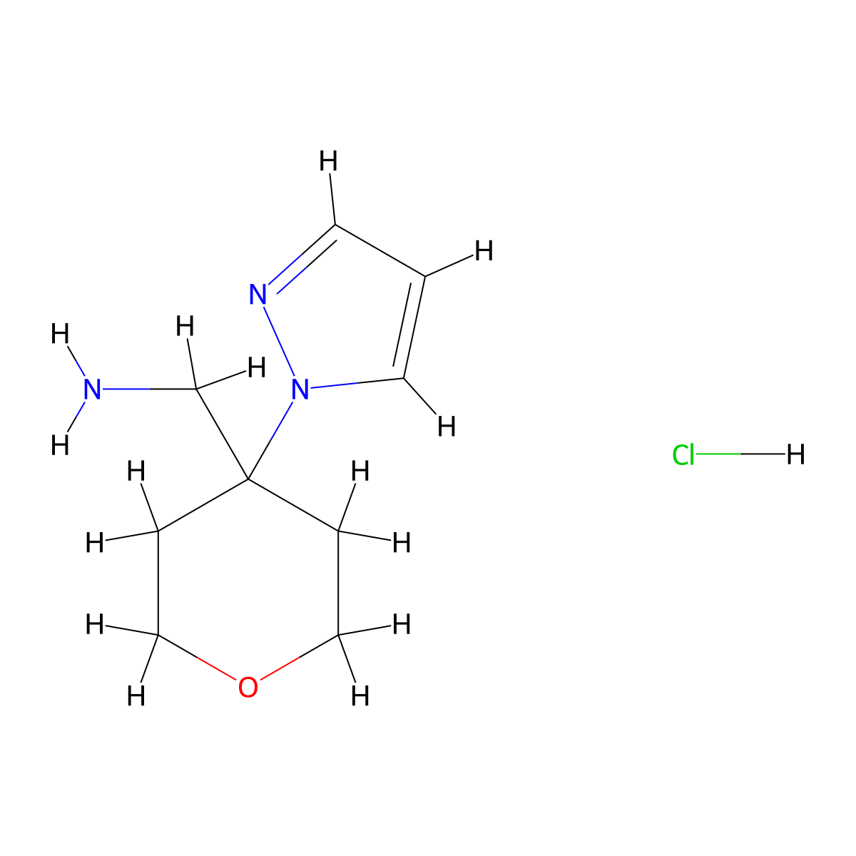 1-[4-(1H-pyrazol-1-yl)oxan-4-yl]methanaminehydrochloride molecular structure, CAS 2580249-77-8