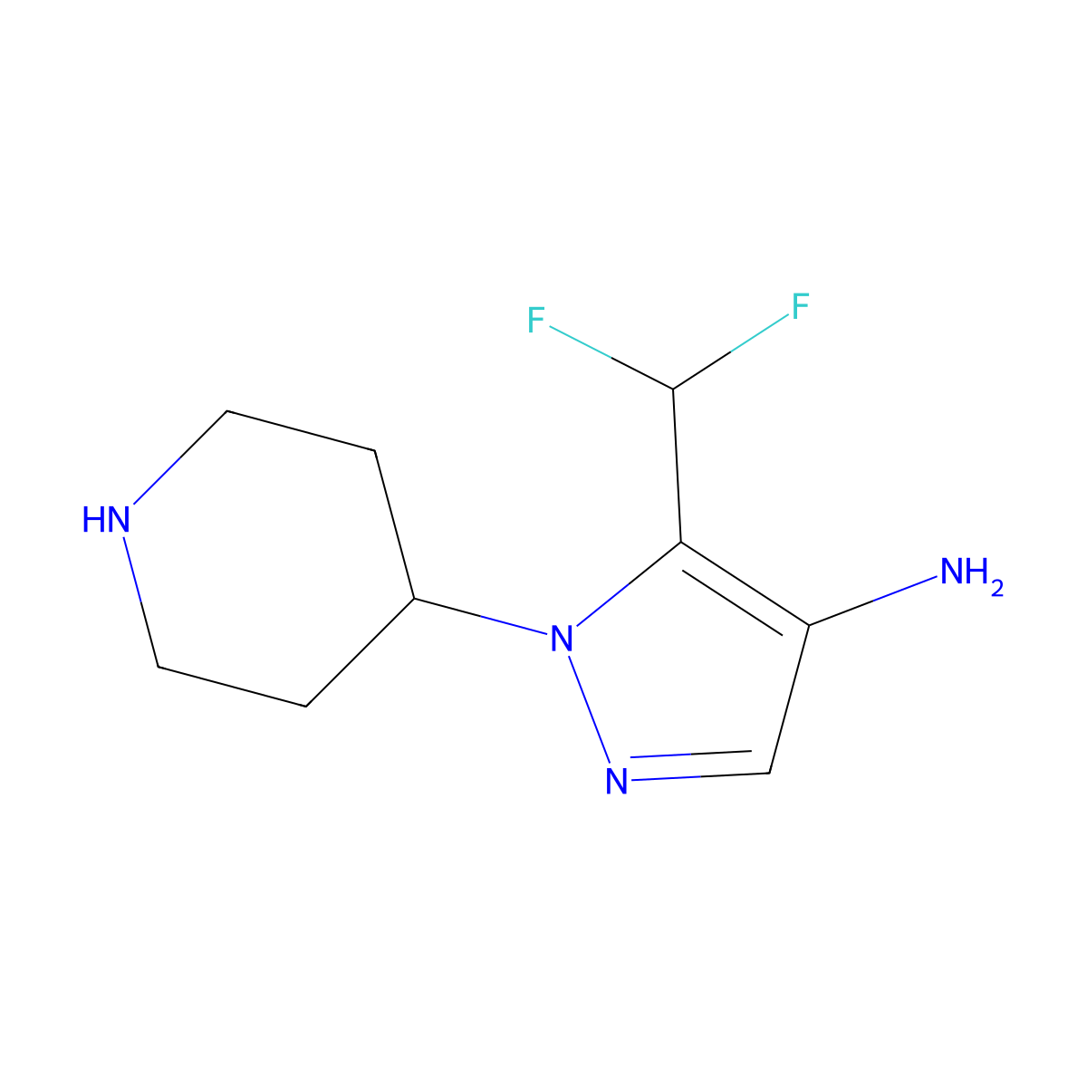 5-(difluoromethyl)-1-(piperidin-4-yl)-1H-pyrazol-4-amine molecular structure, CAS 2580251-84-7