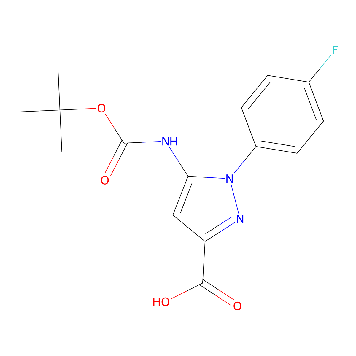 5-{[(tert-butoxy)carbonyl]amino}-1-(4-fluorophenyl)-1H-pyrazole-3-carboxylic acid molecular structure, CAS 2580252-89-5