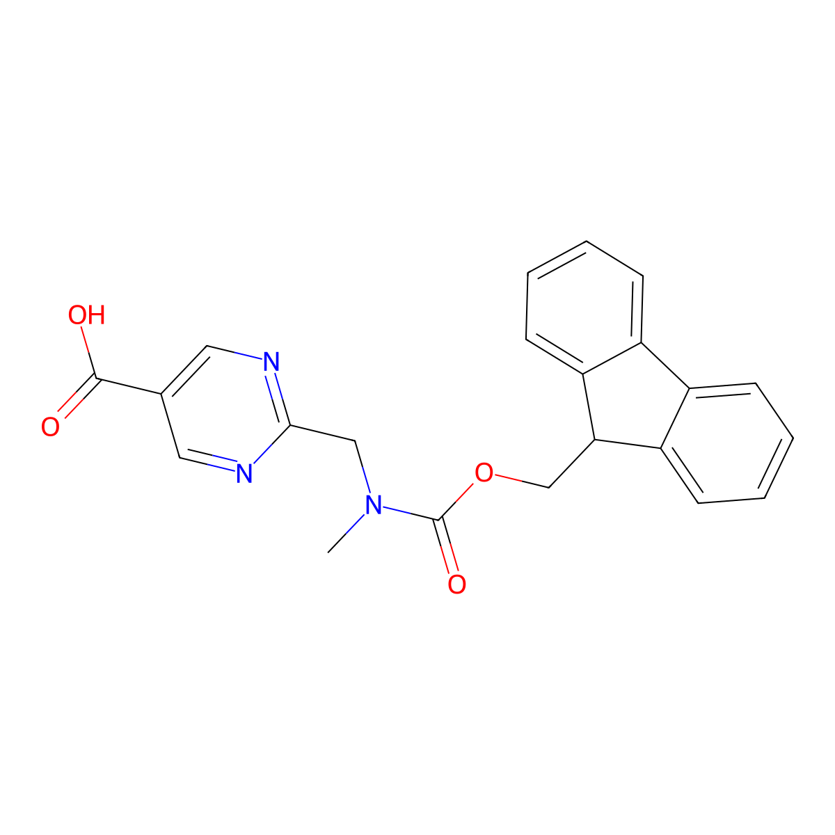 2-[({[(9H-fluoren-9-yl)methoxy]carbonyl}(methyl)amino)methyl]pyrimidine-5-carboxylic acid molecular structure, CAS 2580253-43-4