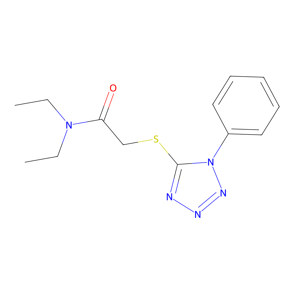 N,N-diethyl-2-(1-phenyltetrazol-5-yl)sulfanylacetamide molecular structure, CAS 25803-59-2