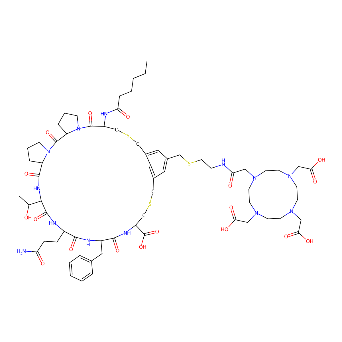 (5R,11S,17S,20S,23S,26S,29R)-23-(3-amino-3-oxopropyl)-26-benzyl-5-(hexanoylamino)-20-[(1R)-1-hydroxyethyl]-6,12,18,21,24,27-hexaoxo-35-[2-[[2-[4,7,10-tris(carboxymethyl)-1,4,7,10-tetrazacyclododec-1-yl]acetyl]amino]ethylsulfanylmethyl]-3,31-dithia-7,13,19,22,25,28-hexazatetracyclo[31.3.1.07,11.013,17]heptatriaconta-1(37),33,35-triene-29-carboxylic acid molecular structure, CAS 2581741-18-4