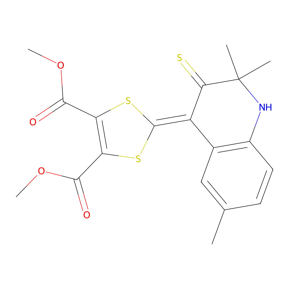 dimethyl 2-(2,2,6-trimethyl-3-thioxo-2,3-dihydroquinolin-4(1H)-ylidene)-1,3-dithiole-4,5-dicarboxylate molecular structure, CAS 258267-12-8