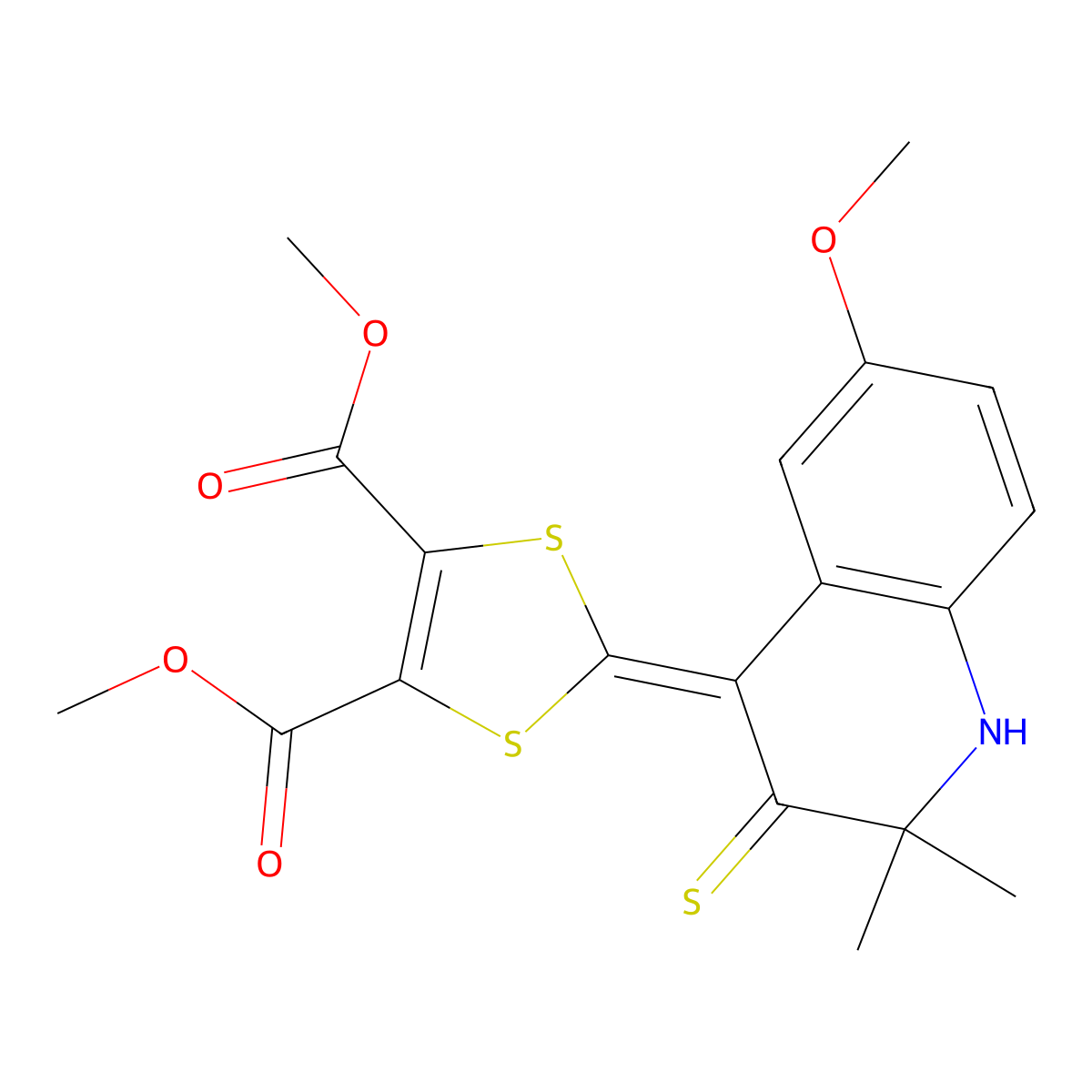 dimethyl 2-(6-methoxy-2,2-dimethyl-3-sulfanylidene-1H-quinolin-4-ylidene)-1,3-dithiole-4,5-dicarboxylate molecular structure, CAS 258267-13-9