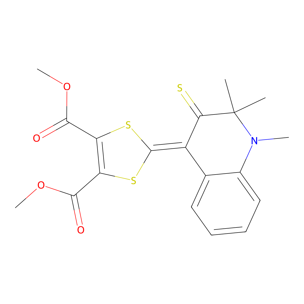 dimethyl 2-(1,2,2-trimethyl-3-thioxo-2,3-dihydroquinolin-4(1H)-ylidene)-1,3-dithiole-4,5-dicarboxylate molecular structure, CAS 258267-14-0