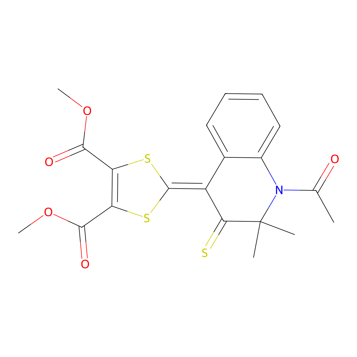 Dimethyl 2-(1-acetyl-2,2-dimethyl-3-sulfanylidenequinolin-4-ylidene)-1,3-dithiole-4,5-dicarboxylate molecular structure, CAS 258267-15-1