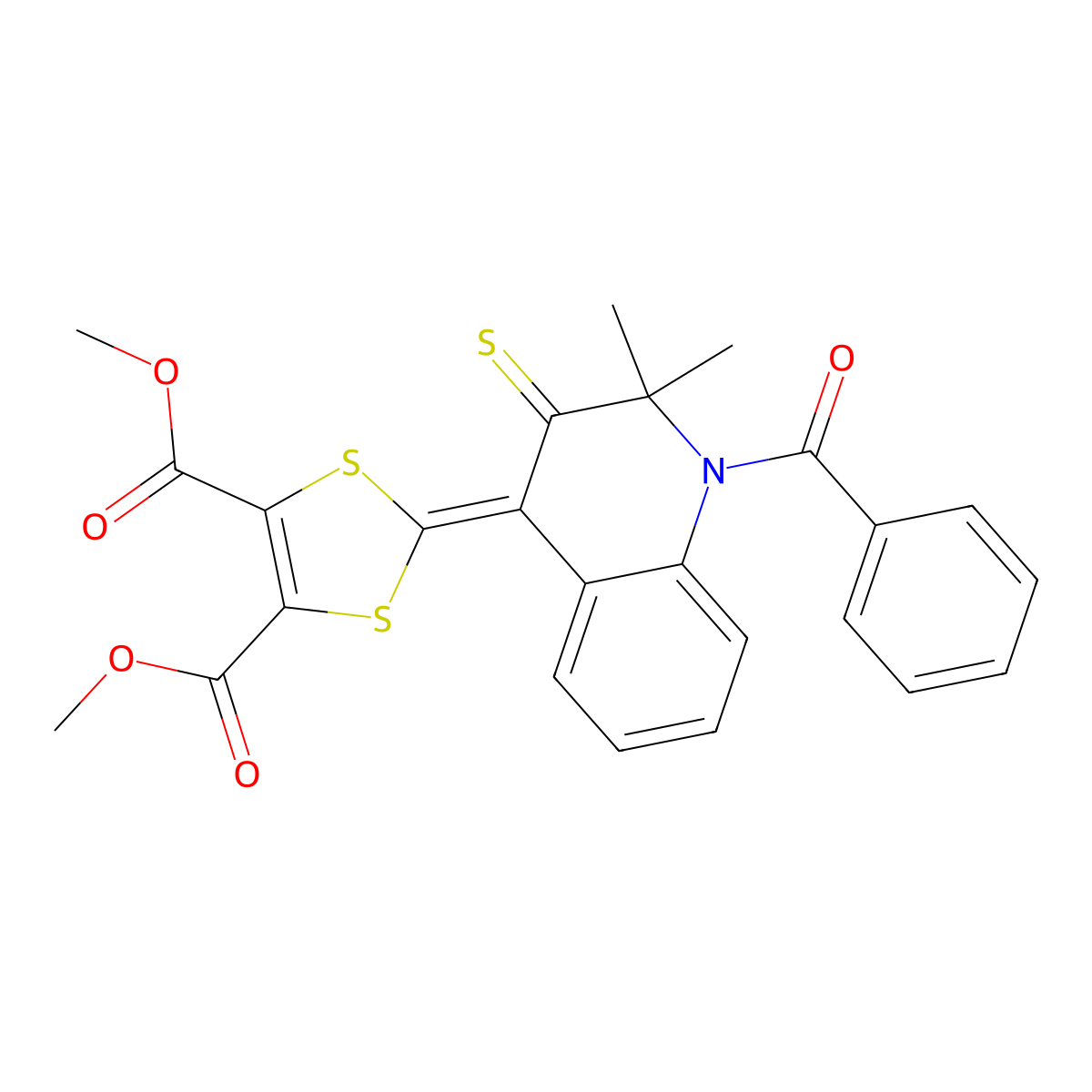 Dimethyl 2-(1-benzoyl-2,2-dimethyl-3-sulfanylidenequinolin-4-ylidene)-1,3-dithiole-4,5-dicarboxylate molecular structure, CAS 258267-16-2