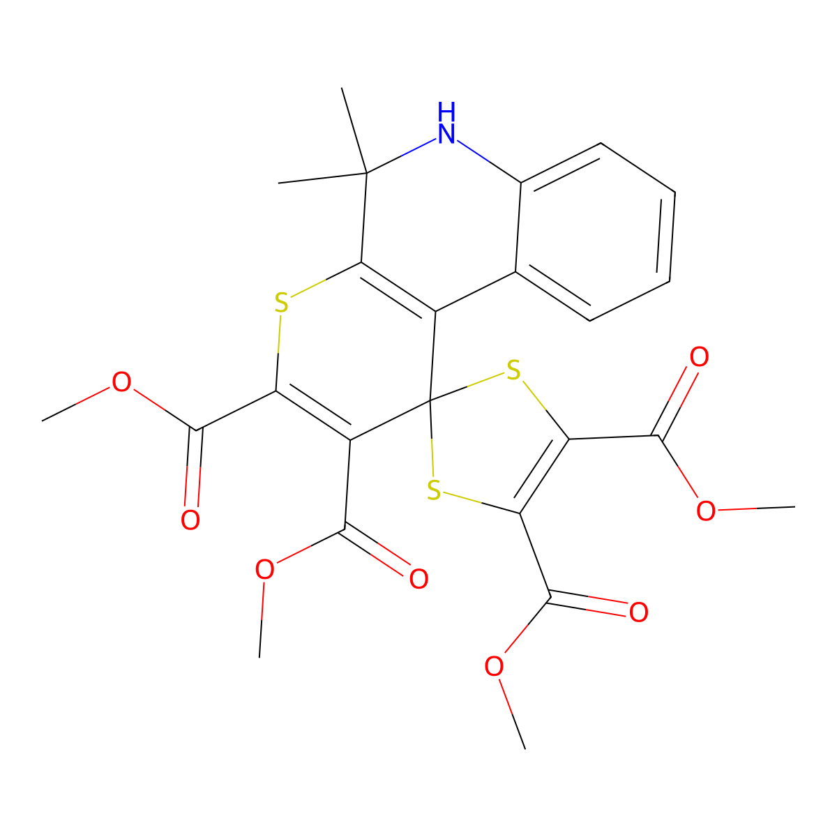 Tetramethyl 5',5'-dimethyl-5',6'-dihydrospiro[1,3-dithiole-2,1'-thiopyrano[2,3-c]quinoline]-2',3',4,5-tetracarboxylate molecular structure, CAS 258267-22-0