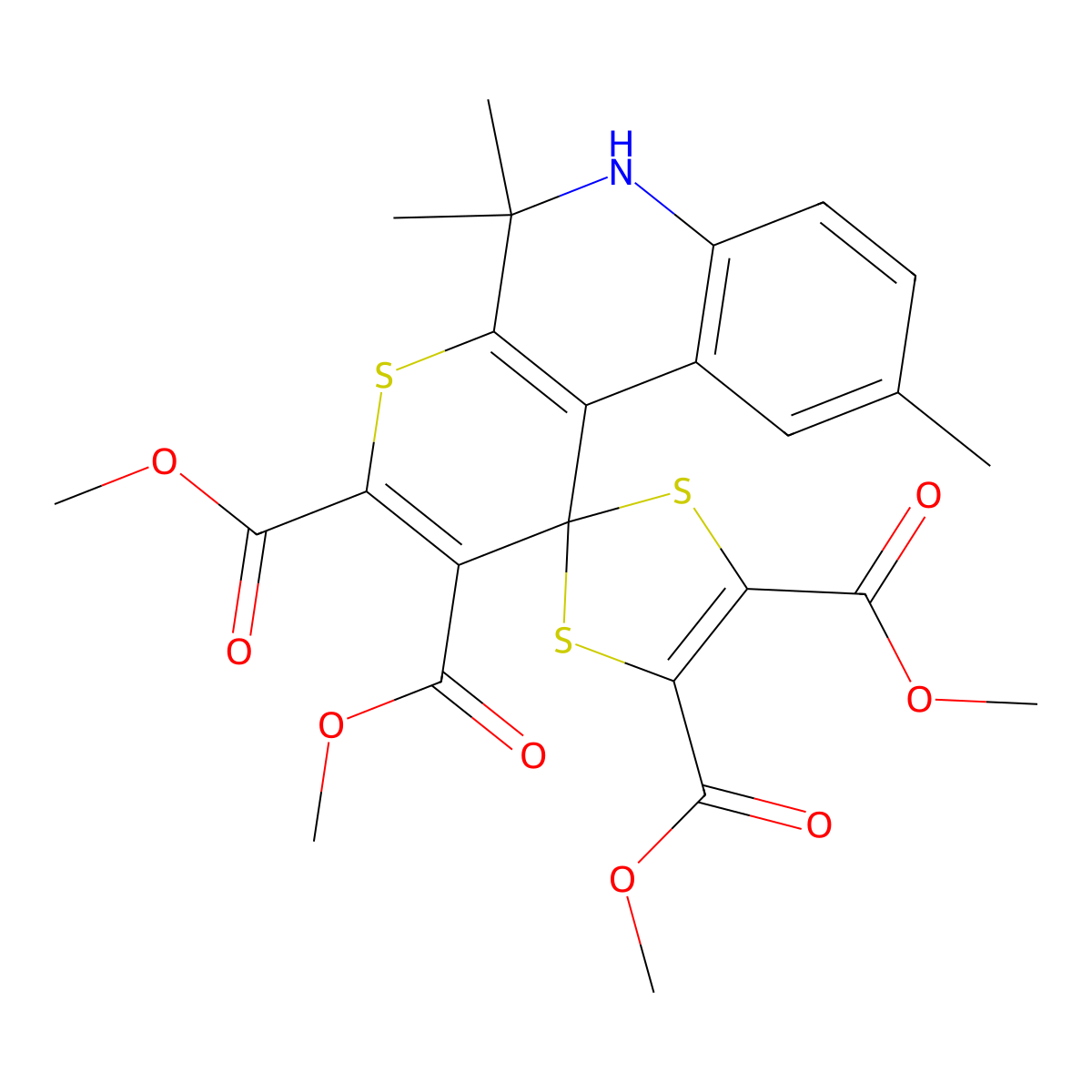 Tetramethyl 5',5',9'-trimethyl-5',6'-dihydrospiro[1,3-dithiole-2,1'-thiopyrano[2,3-c]quinoline]-2',3',4,5-tetracarboxylate molecular structure, CAS 258267-23-1