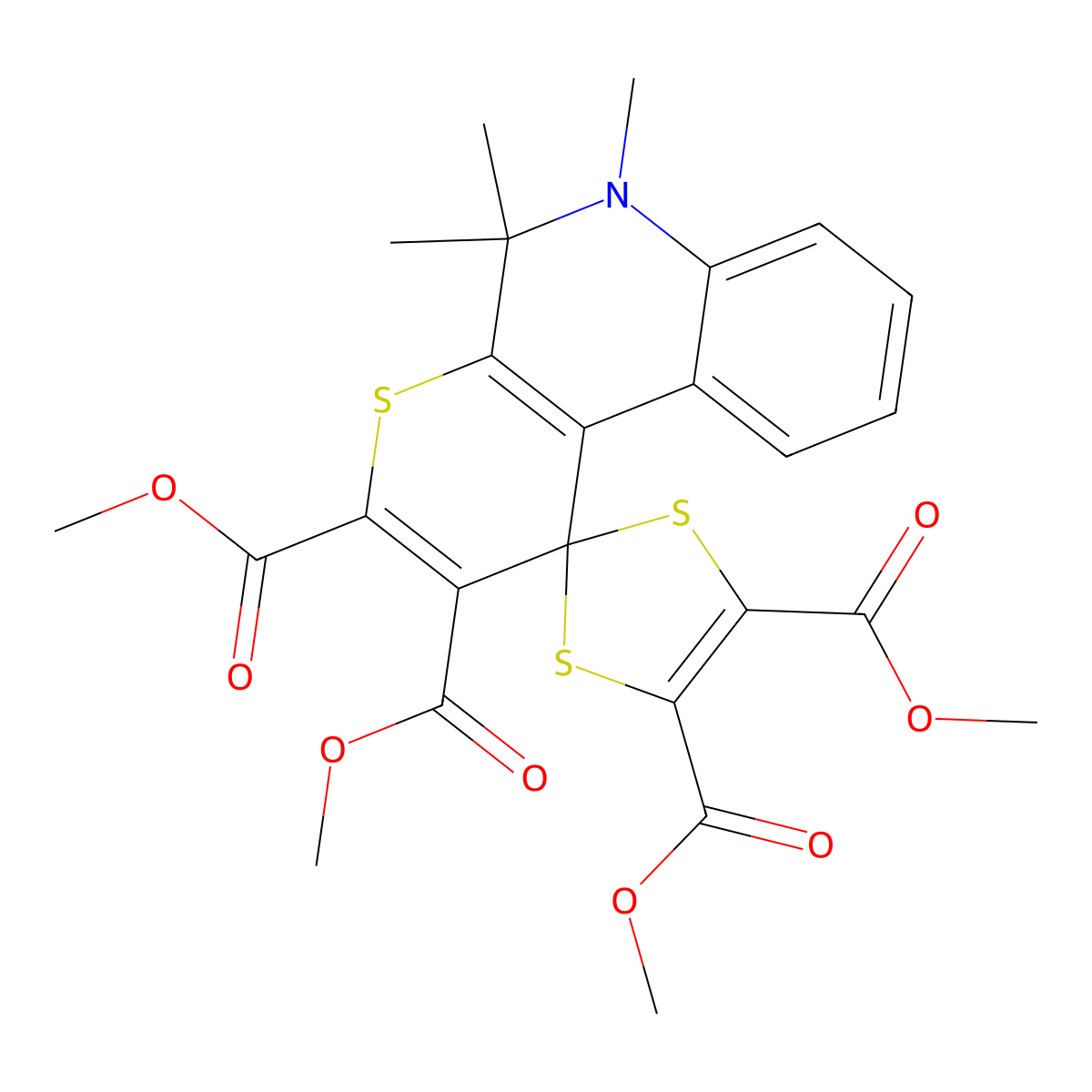 Tetramethyl 5',5',6'-trimethylspiro[1,3-dithiole-2,1'-thiopyrano[2,3-c]quinoline]-2',3',4,5-tetracarboxylate molecular structure, CAS 258267-25-3
