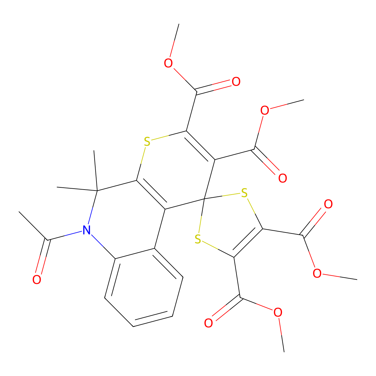 Tetramethyl 6'-acetyl-5',5'-dimethylspiro[1,3-dithiole-2,1'-thiopyrano[2,3-c]quinoline]-2',3',4,5-tetracarboxylate molecular structure, CAS 258267-26-4